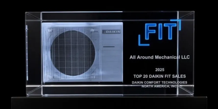 Engraved glass award reading All Around Mechanical LLC, 2025 Top 20 Daikin FIT Sales, Daikin Comfort Technologies North America