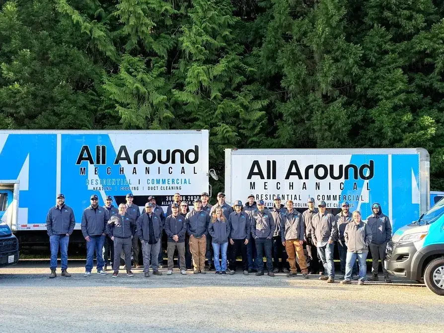 The All Around Mechanical crew in front of their branded box trucks in SW Washington