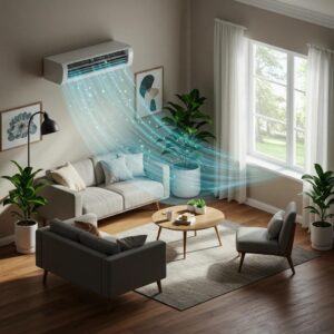 Modern HVAC system in a cozy living room promoting allergy relief and clean air