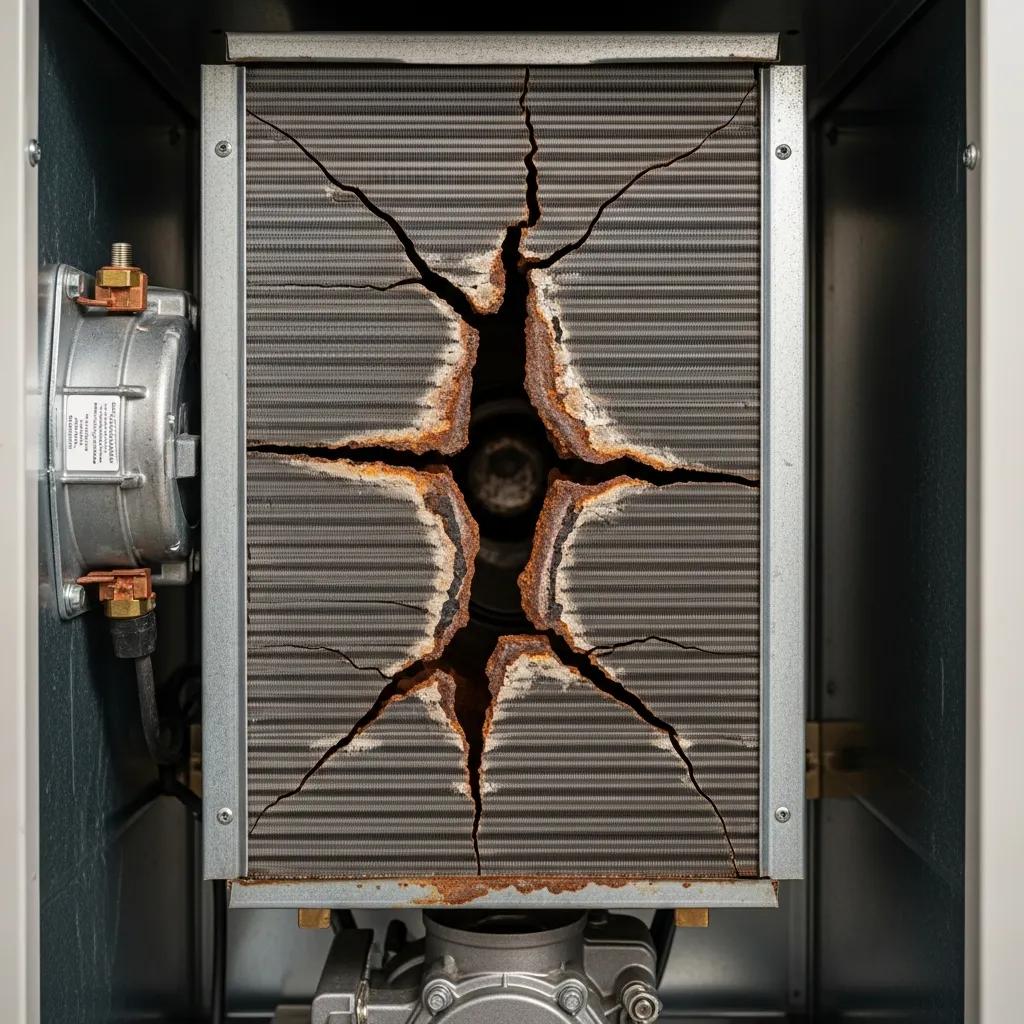 Cracked heat exchanger highlighting safety risks and furnace efficiency