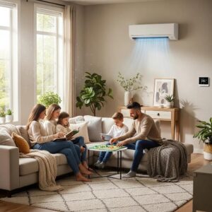 Modern residential HVAC system in a cozy living room, emphasizing comfort and energy efficiency