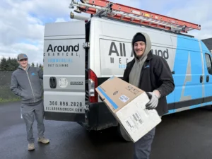 emergency HVAC repair technician inspecting unit in Southwest Washington home