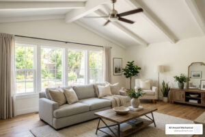 comfortable cool living room during summer heatwave with ceiling fan and natural light - how to lower ac bills during summer