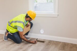 homeowner checking vent for cool air in a modern home